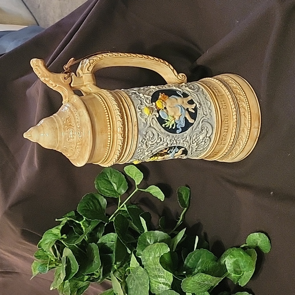 Ceramic beer stein 14" x 7". Cherubs/German writting